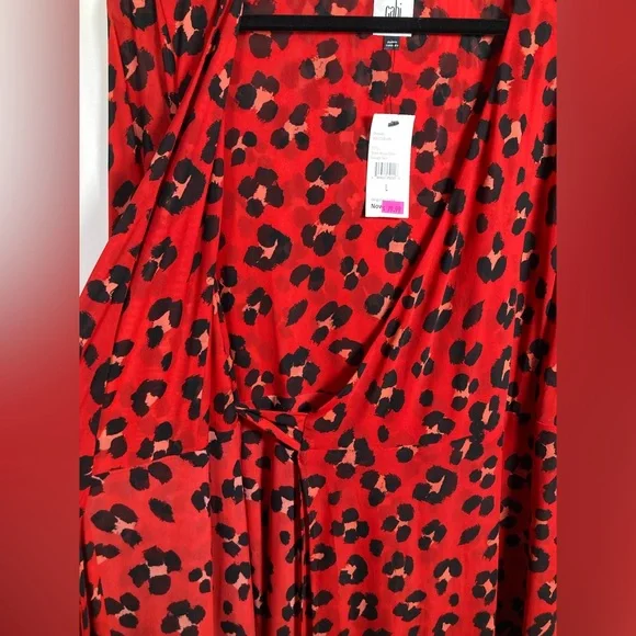 🎄CAbi Siren Wrap Dress Savage Skin: Red and Black Animal Print Midi Dress Sz L - Picture 6 of 7